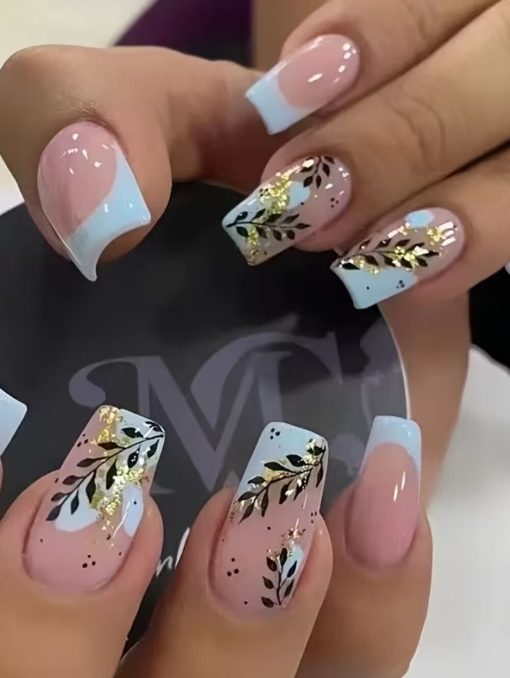 Blue French Tip Press On Nails with Gold & Leaf Accent